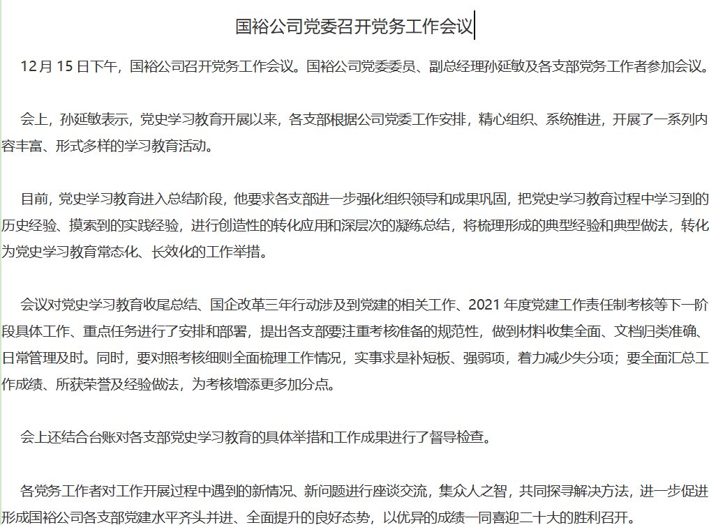 国裕公司党委召开党务工作会议